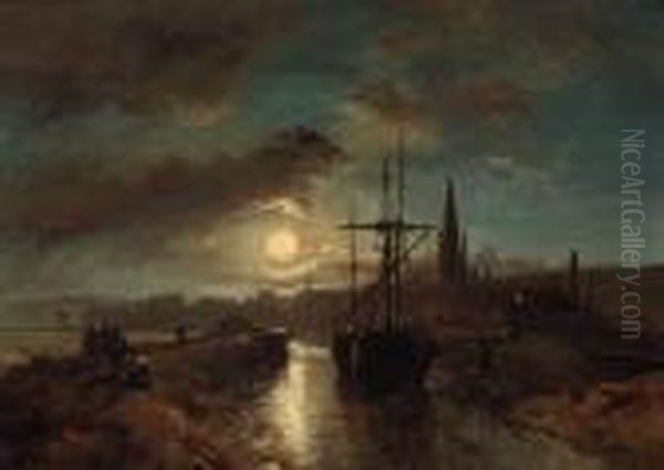 Figures On A Jetty In The Moonlit Harbour Of Harfleur Oil Painting by Johan Barthold Jongkind