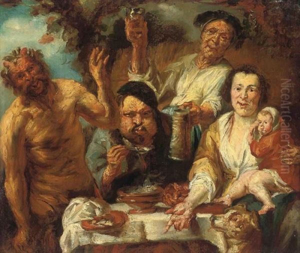 A Satyr And Three Peasants Feasting Oil Painting by Jacob Jordaens