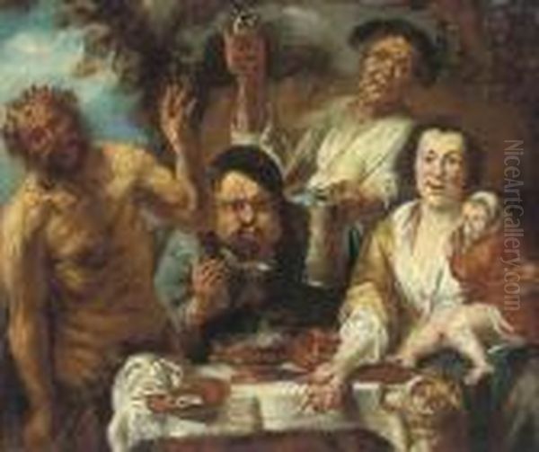 A Satyr And Three Peasants Feasting 
Oil On Canvas Oil Painting by Jacob Jordaens