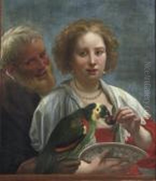 A Bearded Man And A Woman Feeding Cherries To A Parrot Oil Painting by Jacob Jordaens