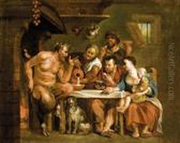 Szatir A Parasztnal Oil Painting by Jacob Jordaens