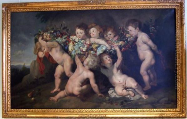 Motiv Med Putti Och Blomster. Oil Painting by Jacob Jordaens