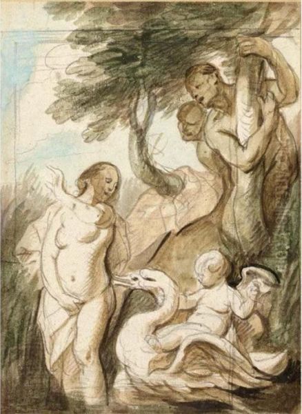 A Bathing Nymph Surprised By Satyrs, A Putto Riding A Swan Beside Her Oil Painting by Jacob Jordaens