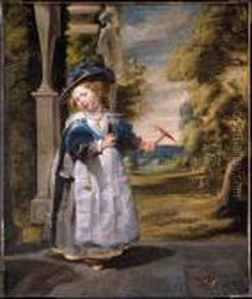 Portrait Of The Painter's 
Daughter Anna Catharina, Full Length, Standing On A Terrace Holding Her 
Pet Finch Oil Painting by Jacob Jordaens