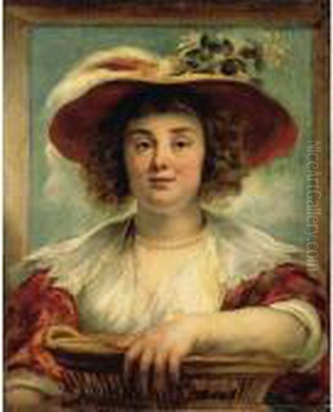 A Portrait Of The Artist's 
Daughter Elizabeth, Half Length, Wearing A Straw Hat With A Sprig Of 
Honeysuckle And An Ostrich Plume, Holding A Basket Oil Painting by Jacob Jordaens