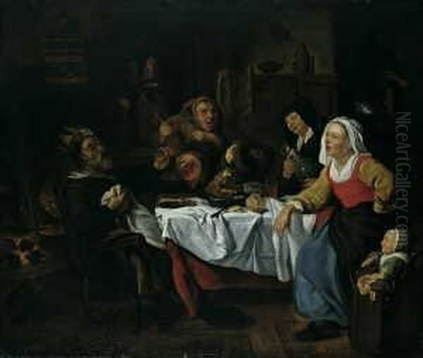 Nachfolge Der Konig Trinkt. Ol Auf Leinwand. H 78; B 93 Cm Oil Painting by Jacob Jordaens