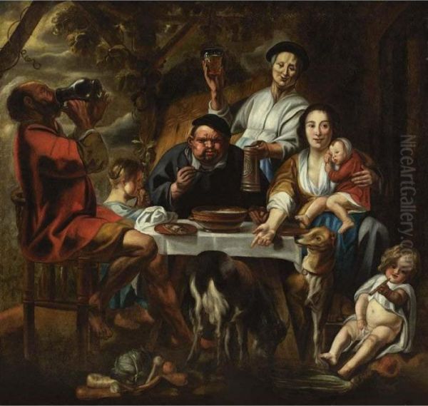 A Peasant Eating Porridge At A 
Table Together With A Mother And Child And Other Figures Drinking And 
Eating, Dogs In The Foreground Oil Painting by Jacob Jordaens