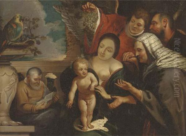 The Holy Family With Saints Joachim And Anne And An Angel Oil Painting by Jacob Jordaens