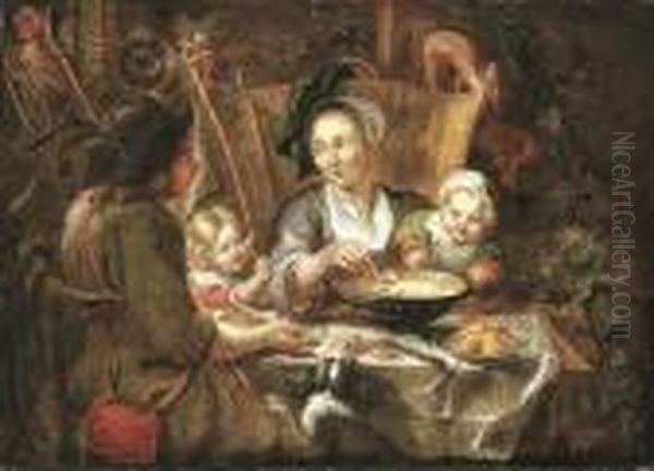 A Peasant Family Dining In An Interior Oil Painting by Jacob Jordaens