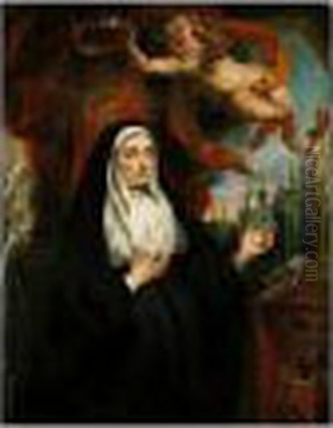 Portrait Of The Infanta Isabella
 Clara Eugenia, As A Nun, Half-length In Prayer Before A Crucifix And 
Crowned By A Cherub, With An Abbey Beyond Oil Painting by Jacob Jordaens