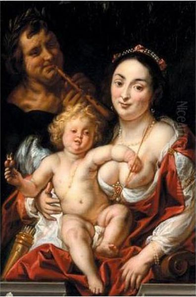 Venus And Cupid With A Flute-player Oil Painting by Jacob Jordaens