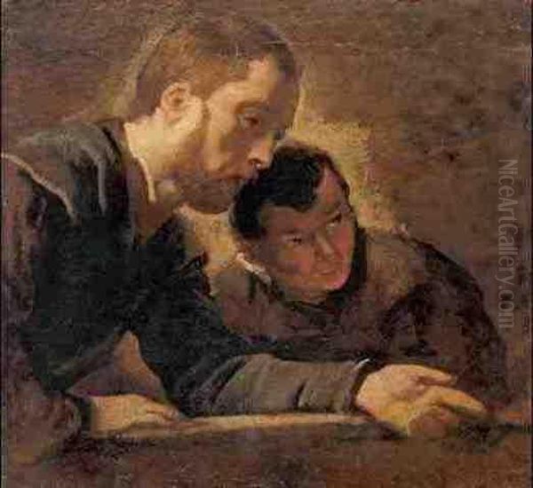 Study Of Two Men Seated At A Table, Possibly A Teacher And His Student Oil Painting by Jacob Jordaens