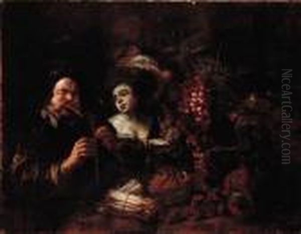 A Bagpipe Player And A Lady By A Table Laden With Fruit Oil Painting by Jacob Jordaens