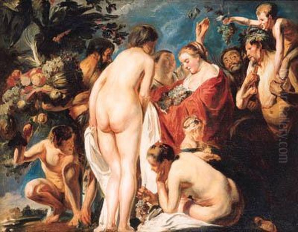 An Allegory Of Abundance: Nymphs And Satyrs Offering Fruit Topomona Oil Painting by Jacob Jordaens