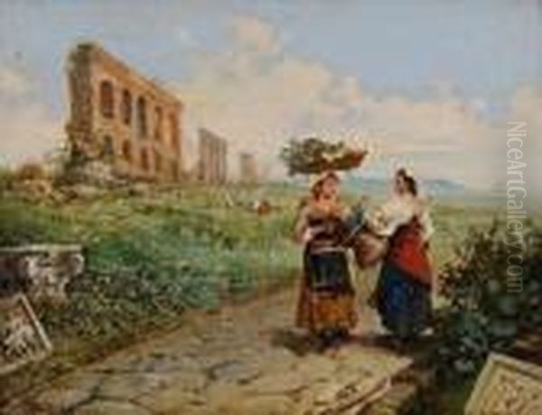 Campagna Romana Con Contadine Sullo Sfondodell'acquedotto Claudio Oil Painting by Pio Joris