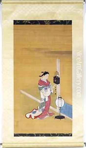 Japanese woman winding up a wall clock Edo Period 1600-1868 1700-50 Oil Painting by Sukenobu Nishikawa