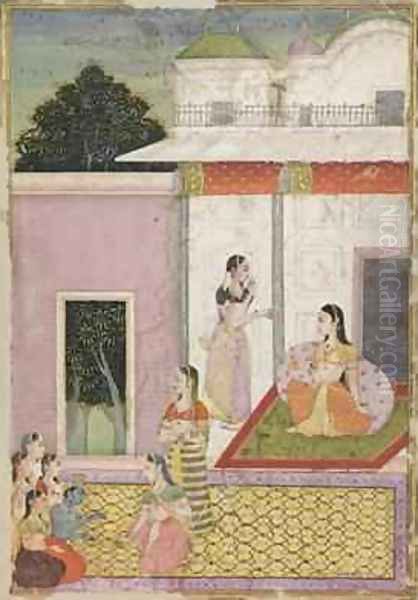 Krishna Comes to Visit Radha Oil Painting by Natthu