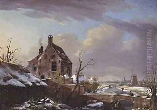 Winter Landscape with figures by a bridge Oil Painting by Pieter Frans de Noter