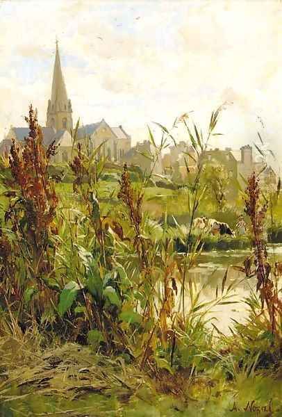 A church beyond a river Oil Painting by Alexandre Nozal