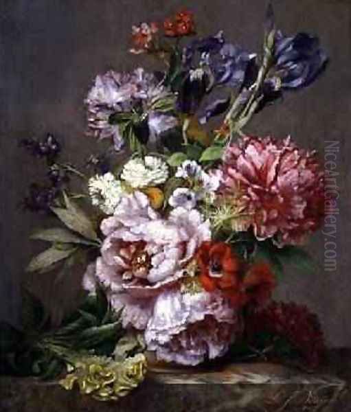 Irises peonies and other flowers in a vase Oil Painting by Lodewijk Johannes Nooijen