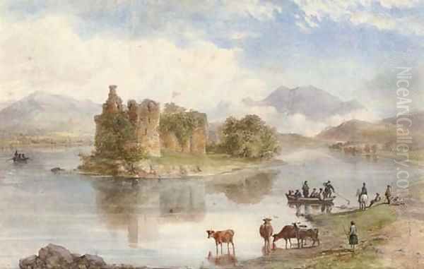 Cattle watering on Loch Katrine Oil Painting by William Nutter