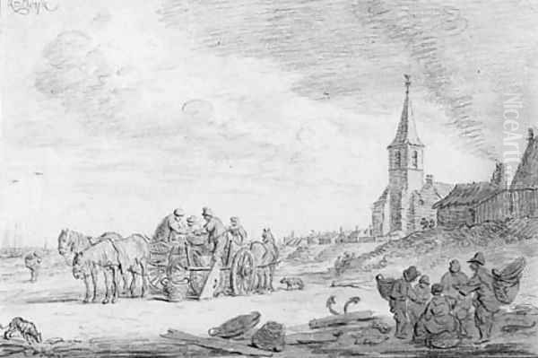 Fishermen loading their catch on a cart on the beach at Katwijk aan Zee Oil Painting by Cornelius van Noorde