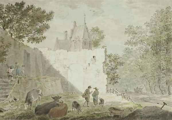 Peasants with cattle among ruins, a road to the right Oil Painting by Cornelius van Noorde