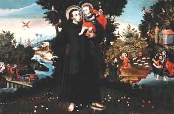 St John of God 1495-1550 with the Christ Child St Christopher St Augustine and the Flight into Egypt Oil Painting by Pedro Nolasco y Lara