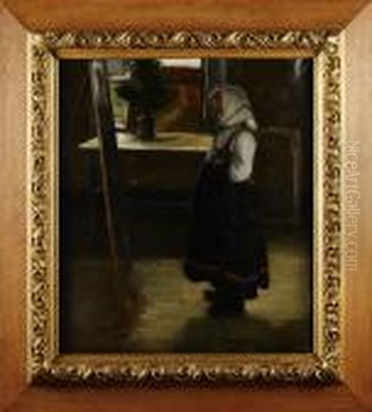 Allmogeinterior Med Flicka Framfor Staffli Oil Painting by Ernst Josephson