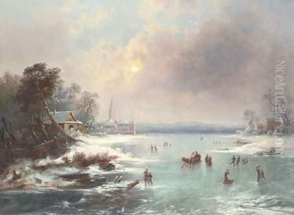 Figures Ice Skating on a Frozen Lake Oil Painting by Johan Friedrich Nagel