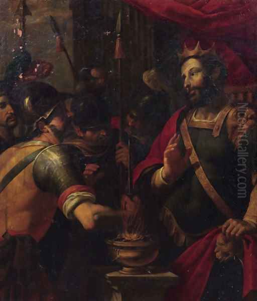 Mucius Scaevola showing his intrepidity before King Porsena Oil Painting by Adam van Noort