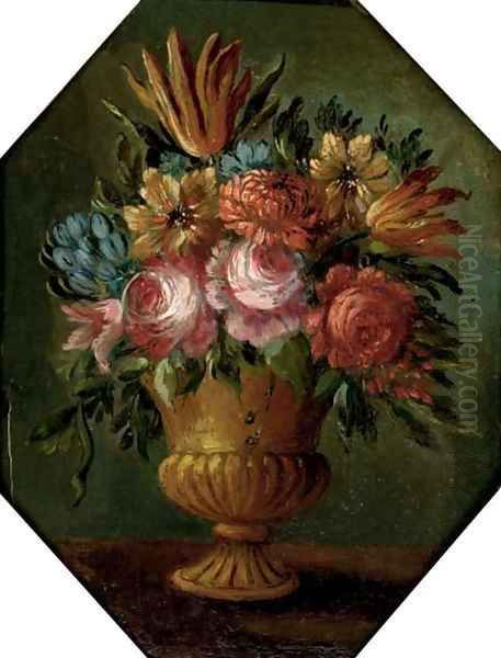 Parrot tulips, roses, chrysanthemums and other mixed flowers in an urn Oil Painting by dei Fiori (Nuzzi) Mario