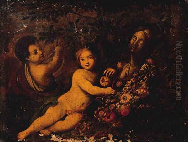 Putti with Carnations, Lilies, Tulips, Peonies and other Flowers Oil Painting by dei Fiori (Nuzzi) Mario