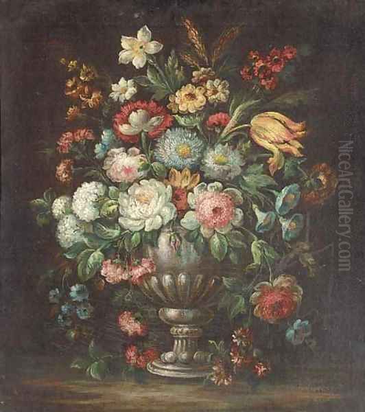 Roses, carnations, morning glory, a tulip and other flowers in a vase on a ledge Oil Painting by dei Fiori (Nuzzi) Mario