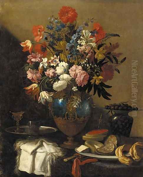 Roses, tulips, daffodils, morning glory, peonies and other flowers in an ormolu mounted vase, with olives, bread, meat, cheese and wine on a ledge Oil Painting by dei Fiori (Nuzzi) Mario