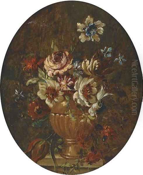 Mixed flowers in a vase on a stone ledge; and Mixed flowers in a vase on a stone ledge Oil Painting by dei Fiori (Nuzzi) Mario