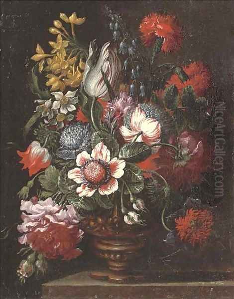 Parrot tulips, carnations, narcissi, roses and other flowers in an urn on a stone ledge Oil Painting by dei Fiori (Nuzzi) Mario