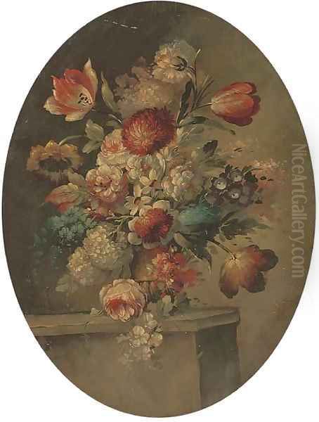 Parrot tulips, roses, chrysanthemums and other flowers in a vase on a stone ledge Oil Painting by dei Fiori (Nuzzi) Mario