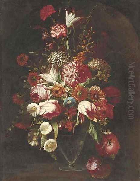 Parrot tulips, roses, narcissi, hydrangeas, convolvulus and other flowers in a glass vase in a niche Oil Painting by dei Fiori (Nuzzi) Mario