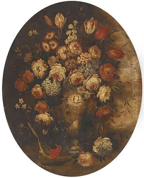 Roses, tulips and other mixed flowers in a chinese vase with a bird Oil Painting by dei Fiori (Nuzzi) Mario