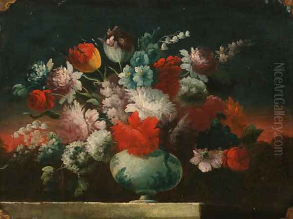 Roses, tulips, peonies and other flowers in a vase on a stone ledge Oil Painting by dei Fiori (Nuzzi) Mario