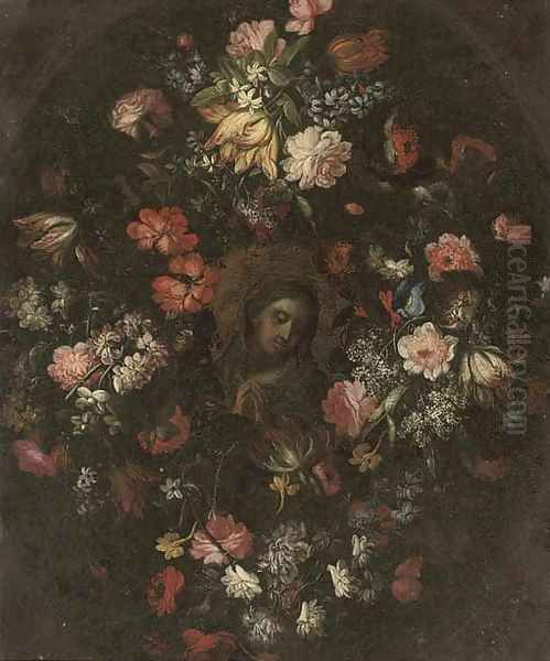 The Madonna at prayer in a floral cartouche Oil Painting by dei Fiori (Nuzzi) Mario