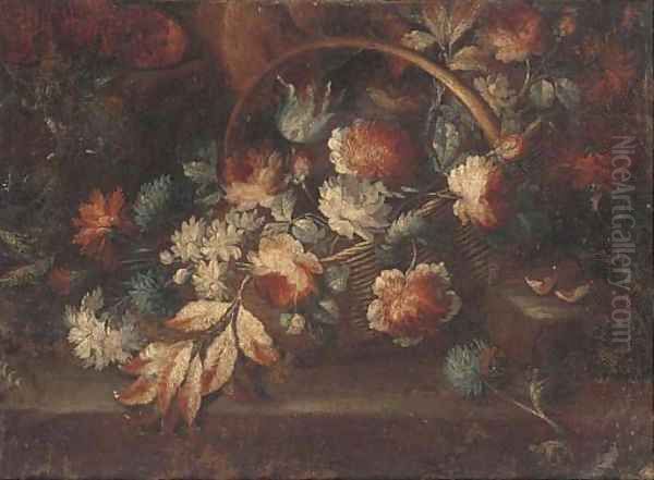 A basket of flowers on a ledge in a clearing Oil Painting by dei Fiori (Nuzzi) Mario