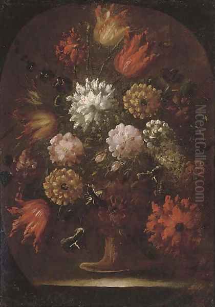 Chrysanthemums, tulips and other flowers in an urn, in a feigned oval Oil Painting by dei Fiori (Nuzzi) Mario