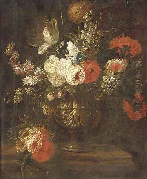 Parrot tulips, narcissi, roses, chrysanthemums and other flowers in an urn on a ledge Oil Painting by dei Fiori (Nuzzi) Mario