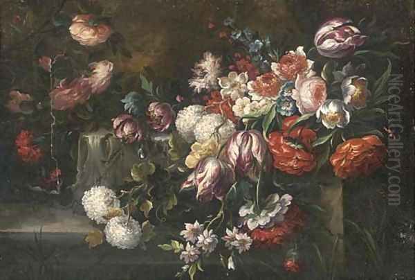 Roses, parrot tulips, morning glory and other flowers on a ledge Oil Painting by dei Fiori (Nuzzi) Mario