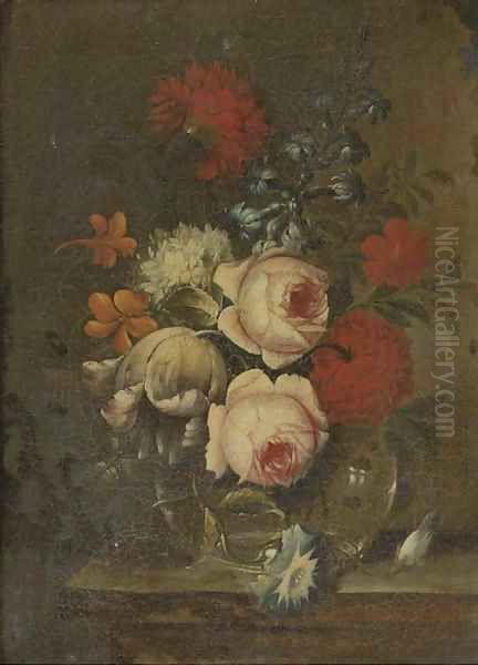 Roses, parrot tulips, narcissi and other flowers in glass vase on a ledge Oil Painting by dei Fiori (Nuzzi) Mario