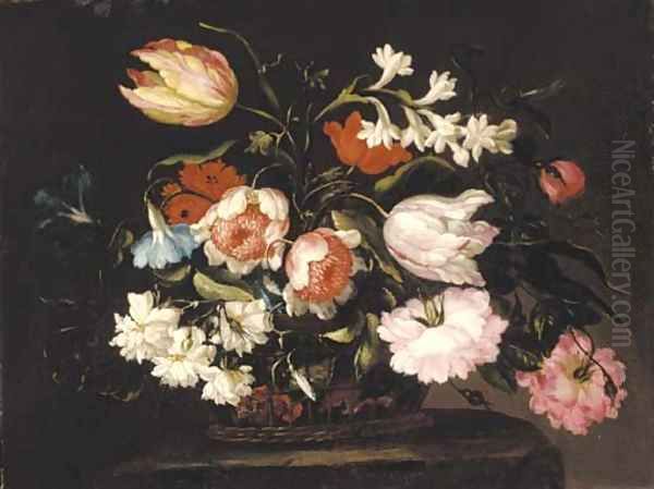 Roses, tulips, morning glory and other flowers in a basket on a stone pedestal Oil Painting by dei Fiori (Nuzzi) Mario