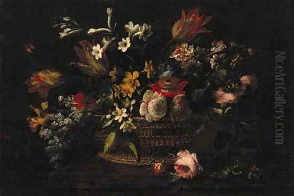 Flowers in a basket on a wooden ledge Oil Painting by dei Fiori (Nuzzi) Mario