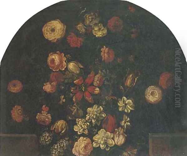 Roses, tulips and other flowers in an urn on a ledge Oil Painting by dei Fiori (Nuzzi) Mario